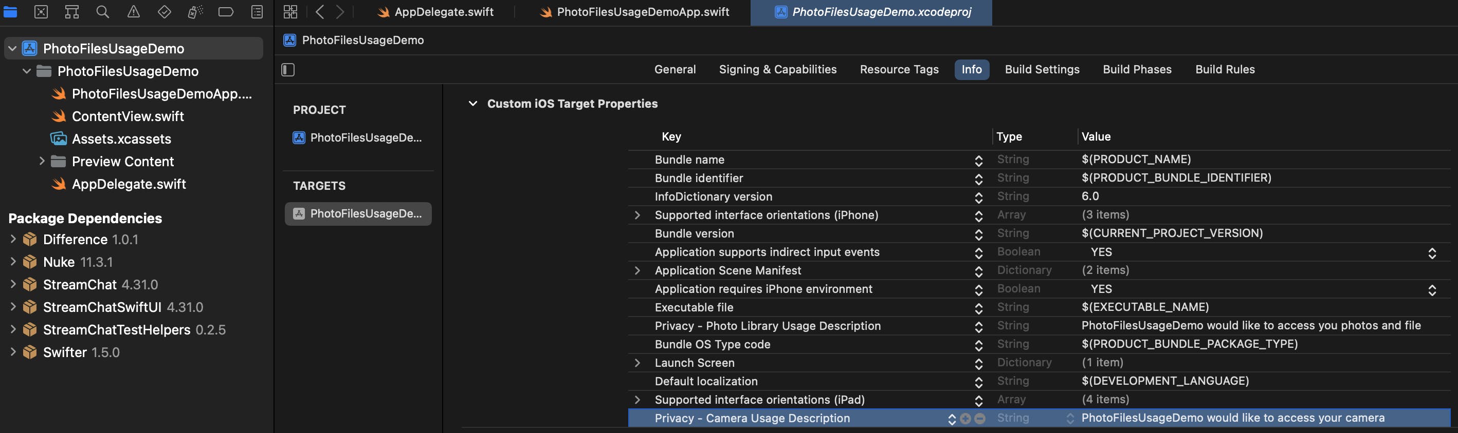 Camera usage description