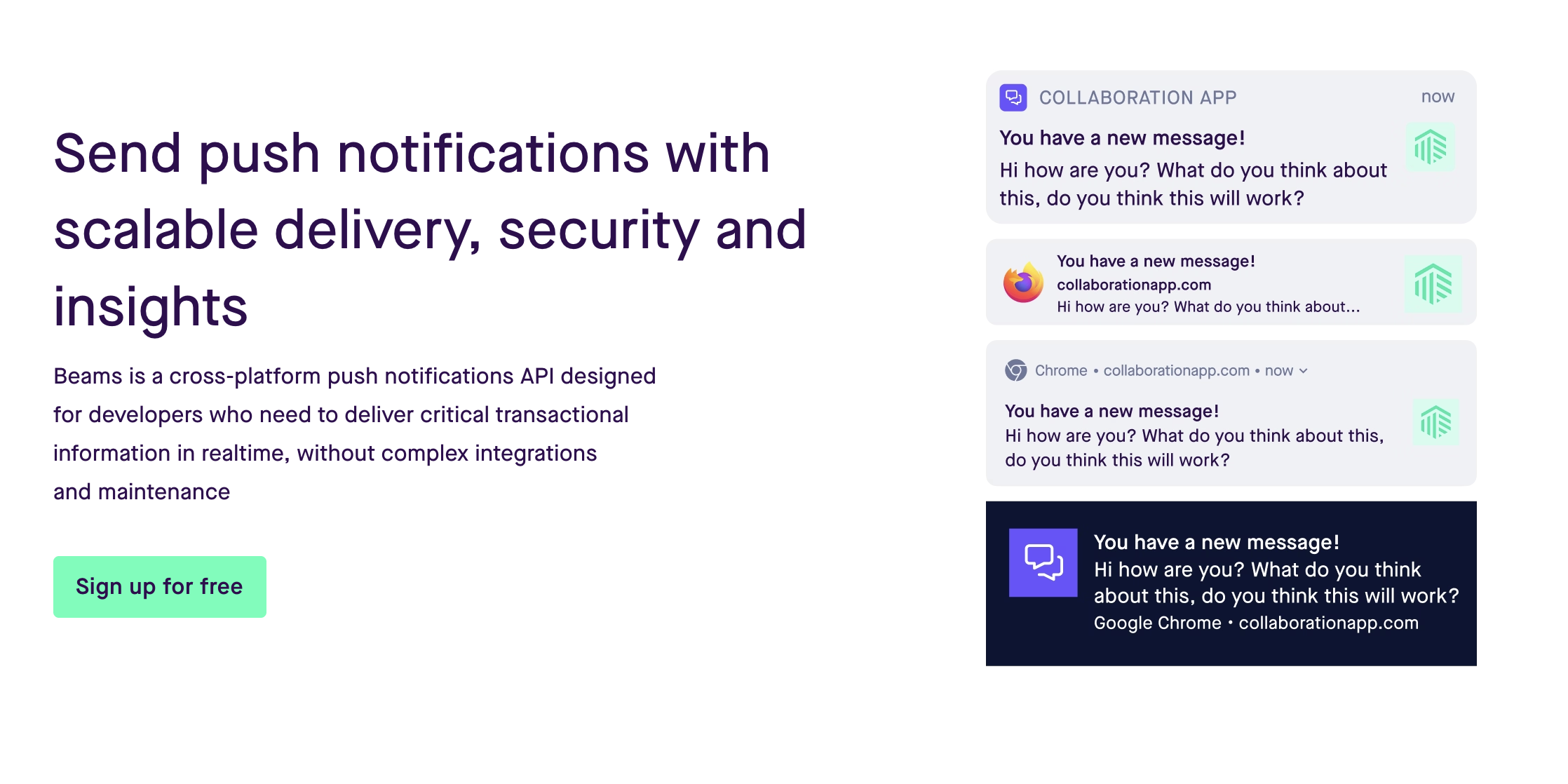 Pusher Beams landing page