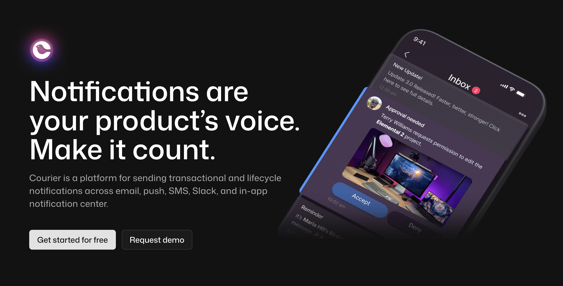 Courier notification tool landing page