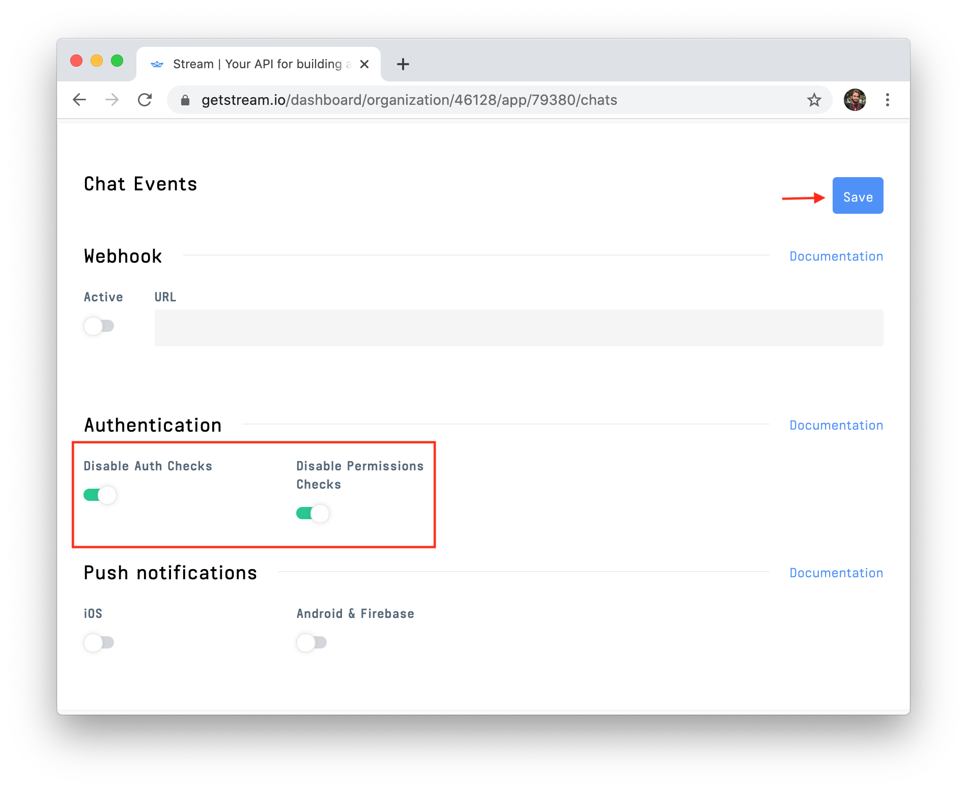 Screenshot of skip auth checks and permission being enabled in a Stream App dashboard