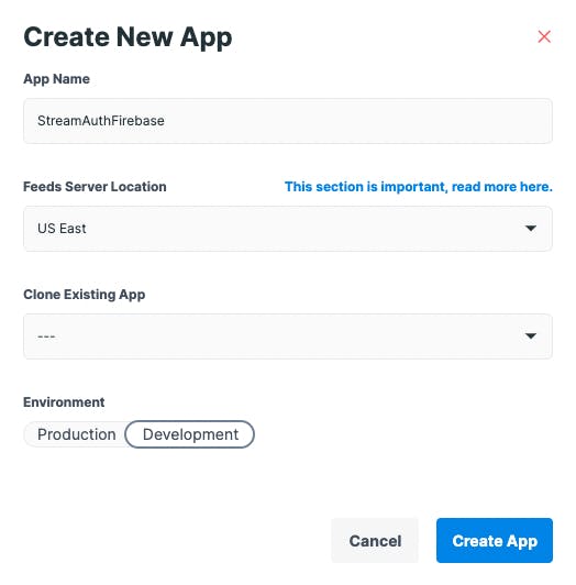 Create a new app in Stream dashboard