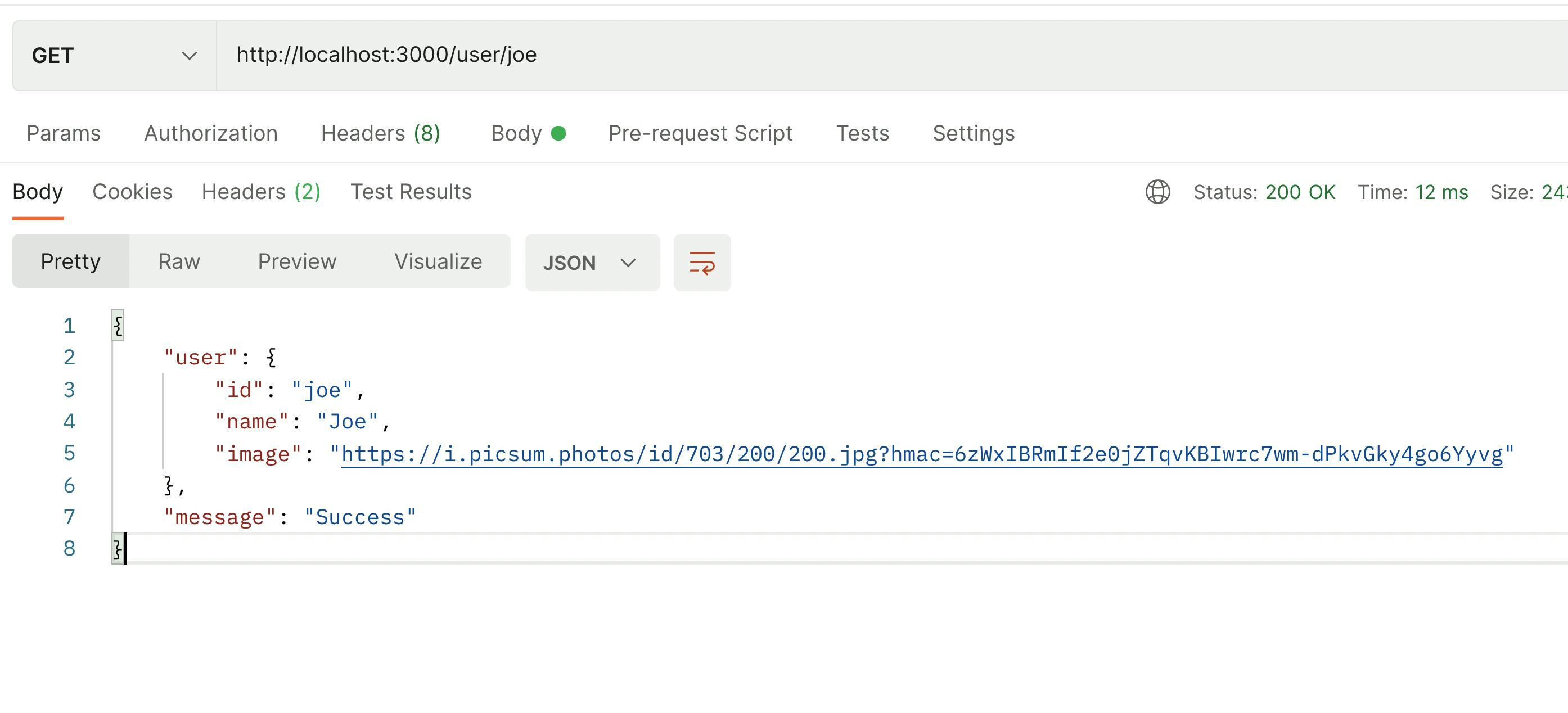 Postman response for User found in json