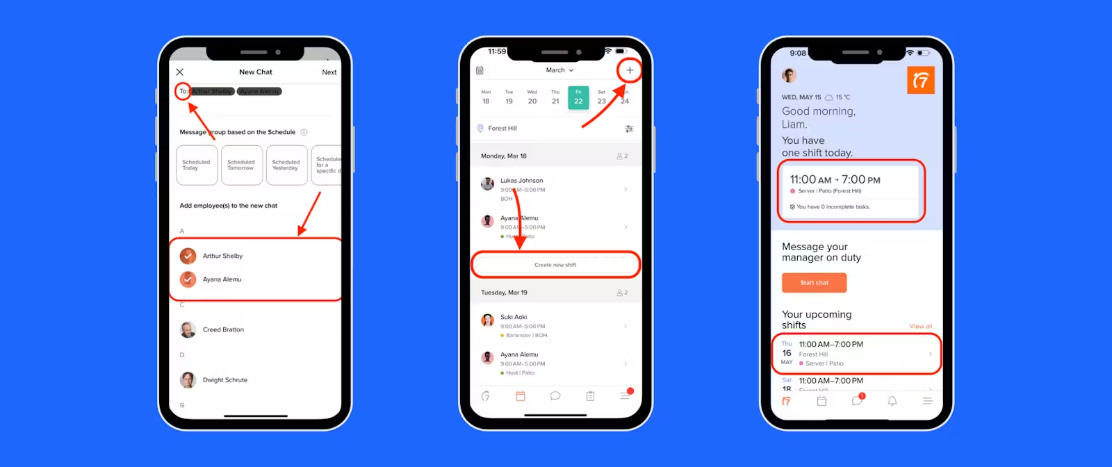 Screenshots of 7shift's in-app chat