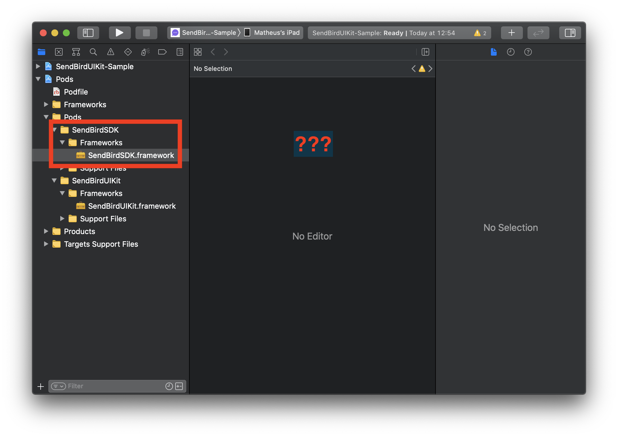 Image shows an Xcode window selecting a .xcframework without any other info or code available