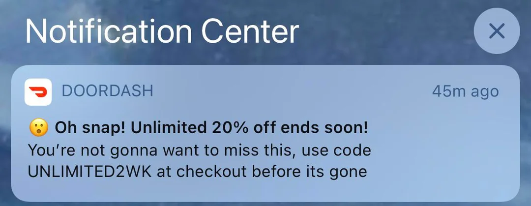 A Doordash promotion gives the user 20 percent off their next order