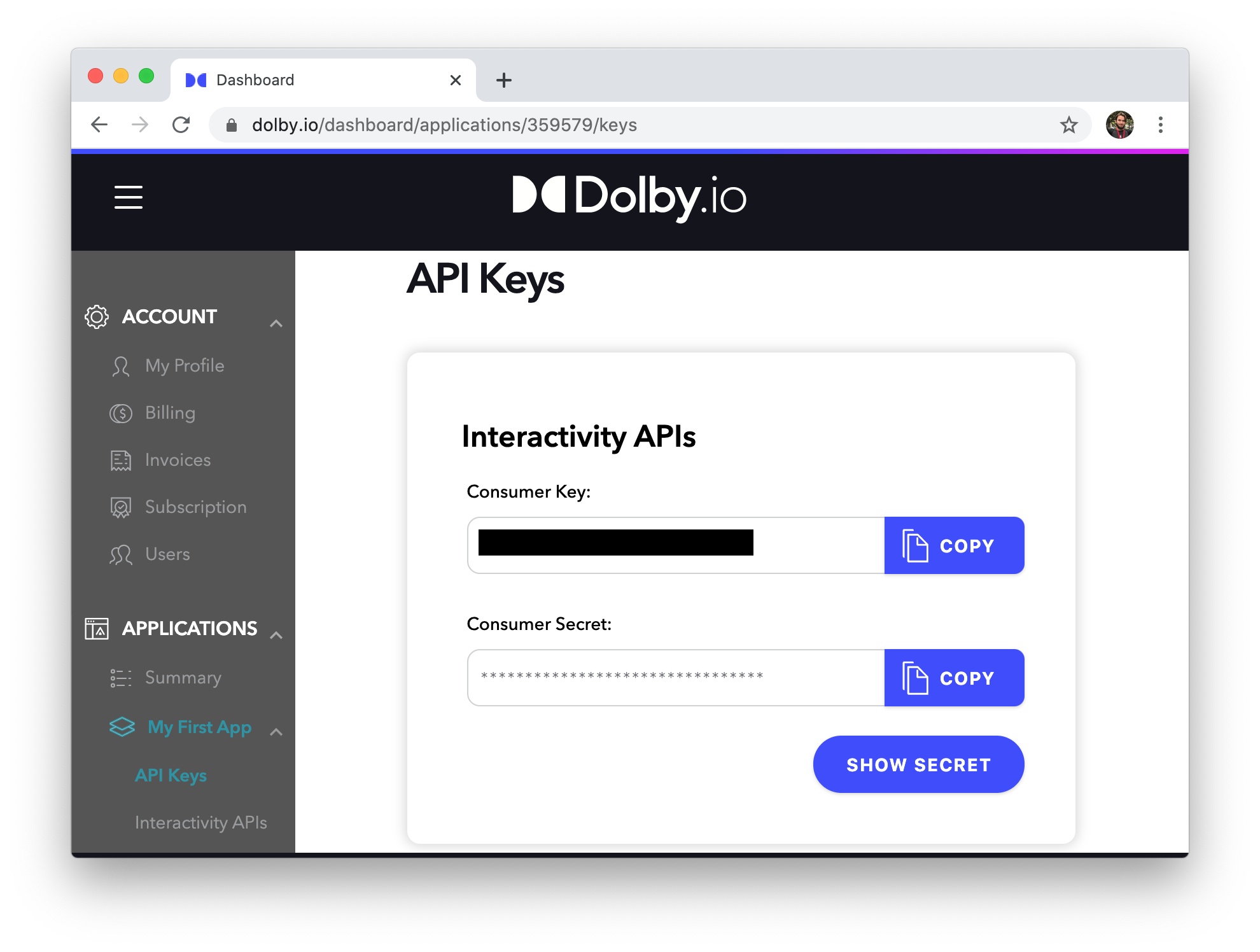 Screenshot of credentials on dolby.io dashboard