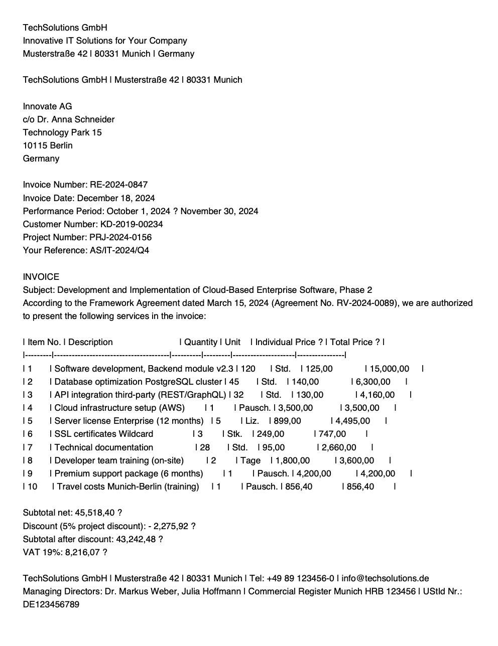 German invoice that's been translated into English