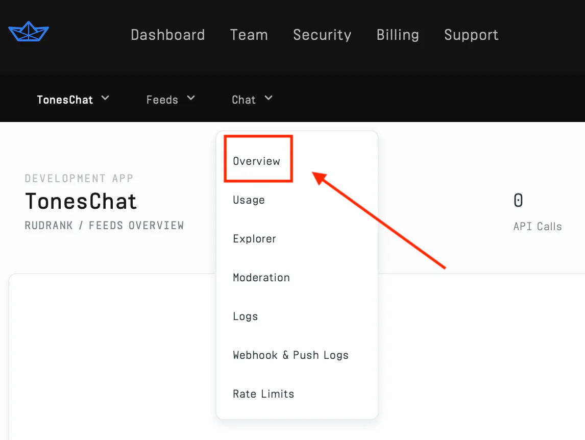 Image shows the overview button in the chat dropdown being selected in the stream dashboard