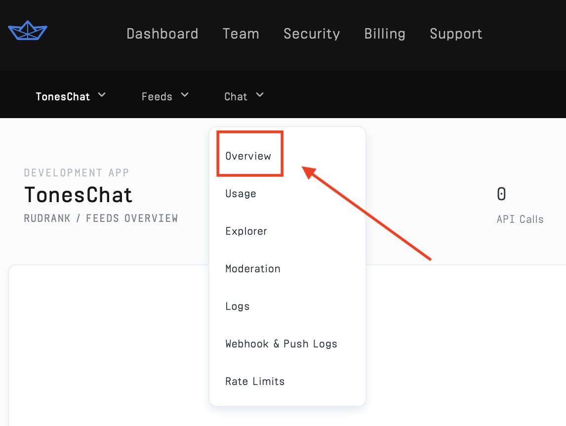Image shows the overview button in the chat dropdown being selected in the stream dashboard