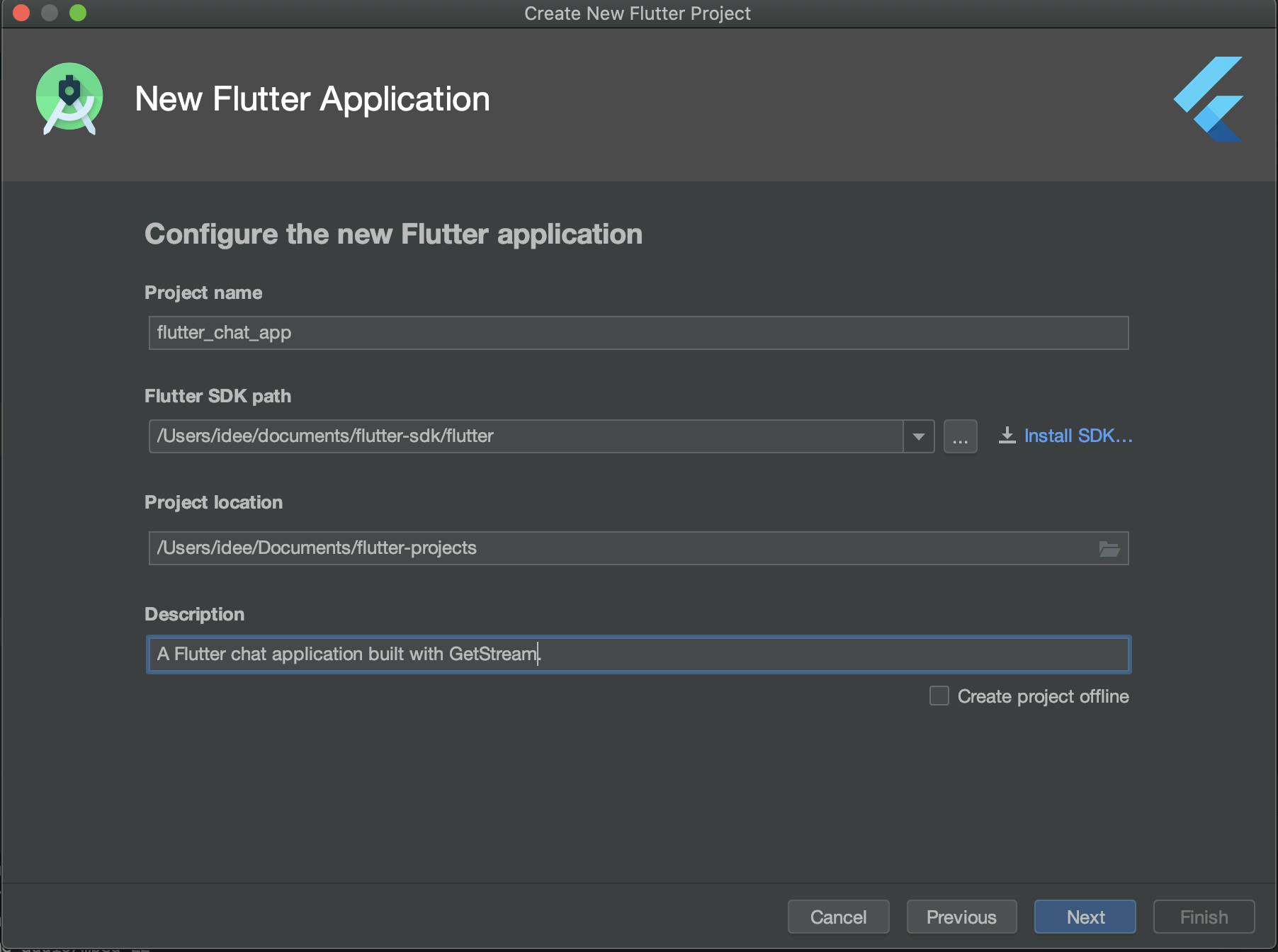 Screenshot of New Flutter Application Configuration Window