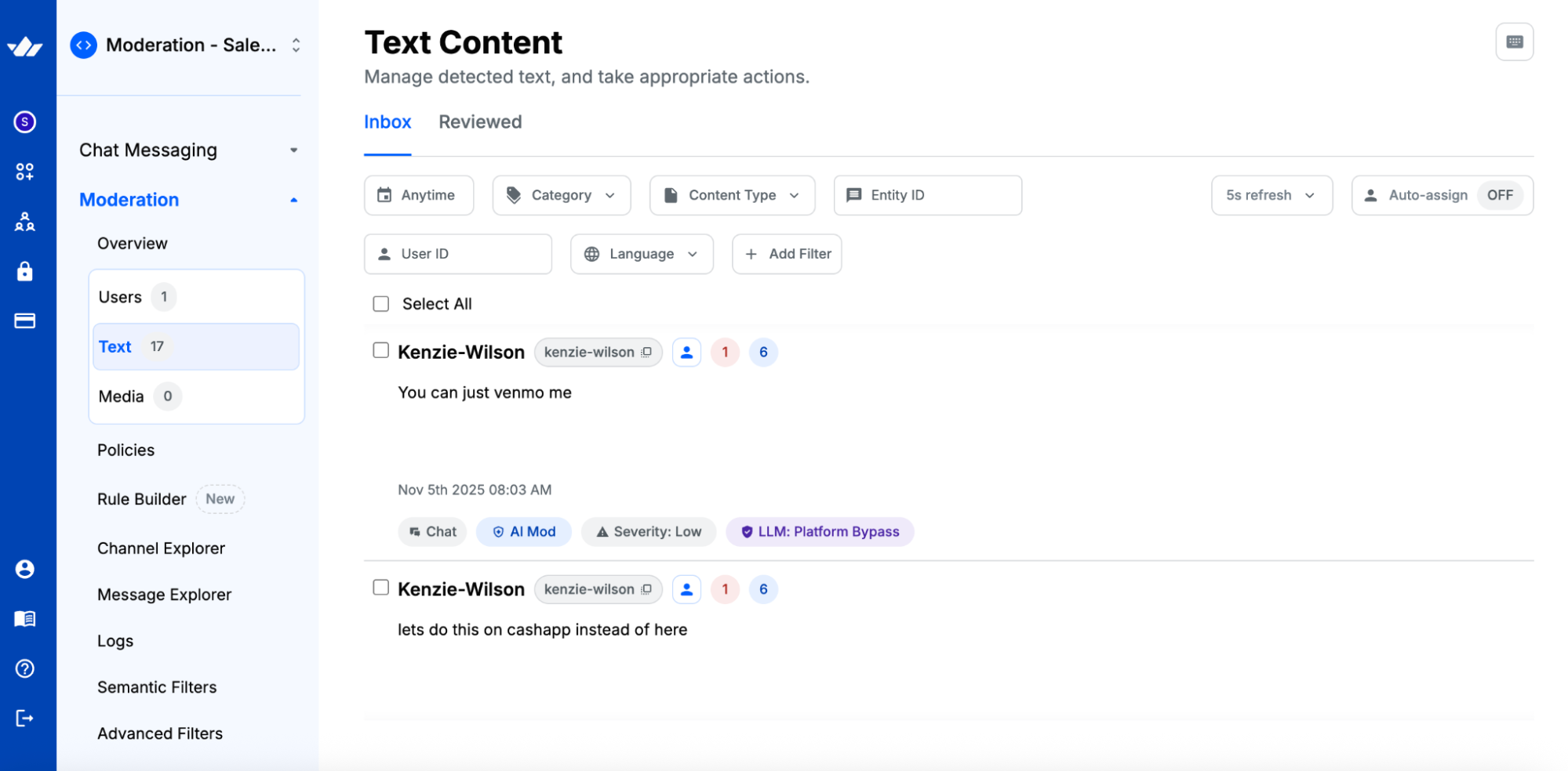 The Text Content section of Stream's Moderation dashboard