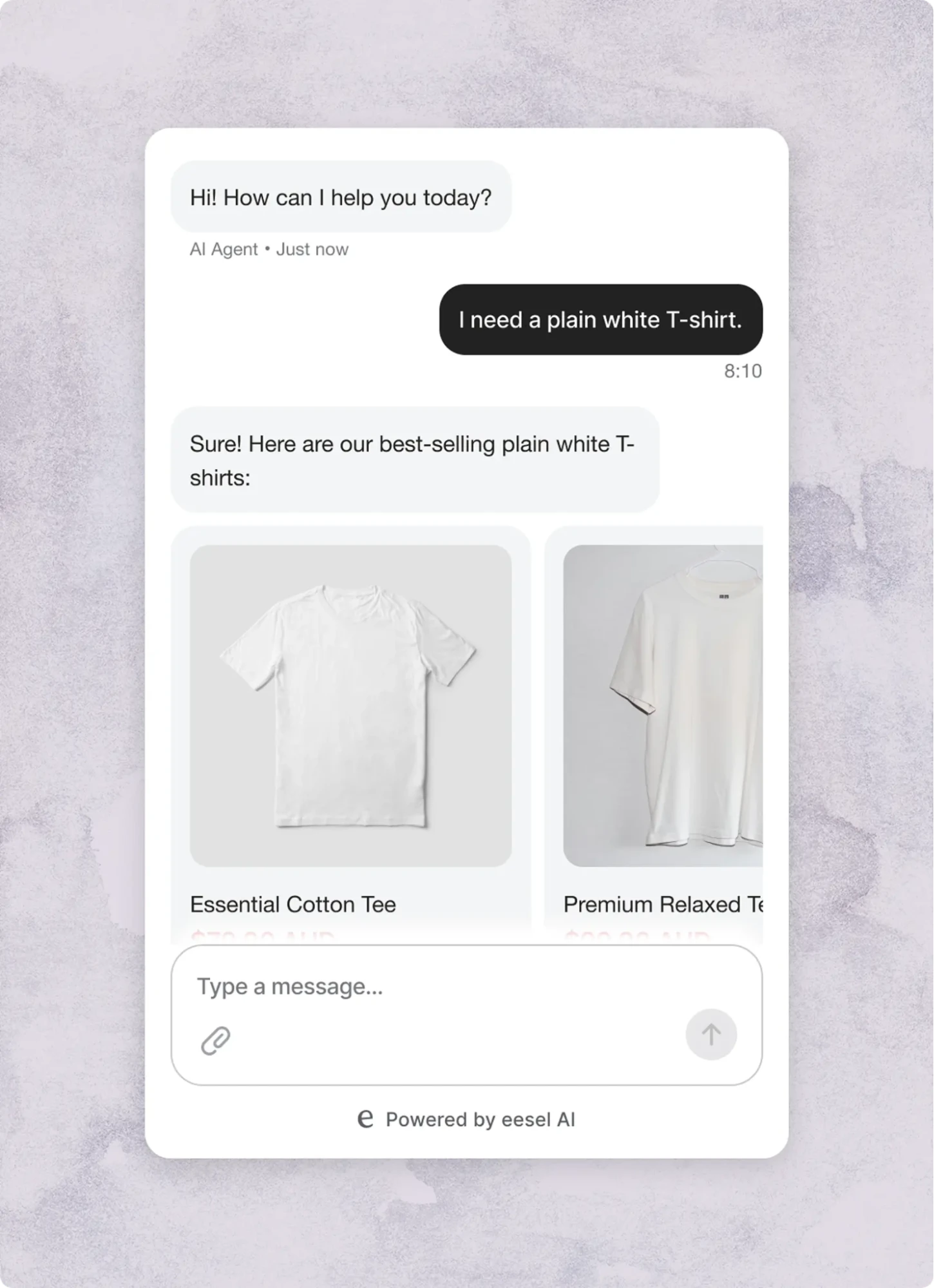 AI shopping assistant recommending plain white T-shirts in a conversational eCommerce interface