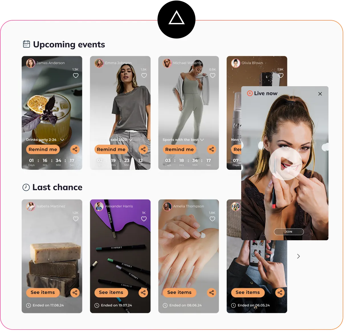 Terrific live selling interface showing upcoming and replayable events