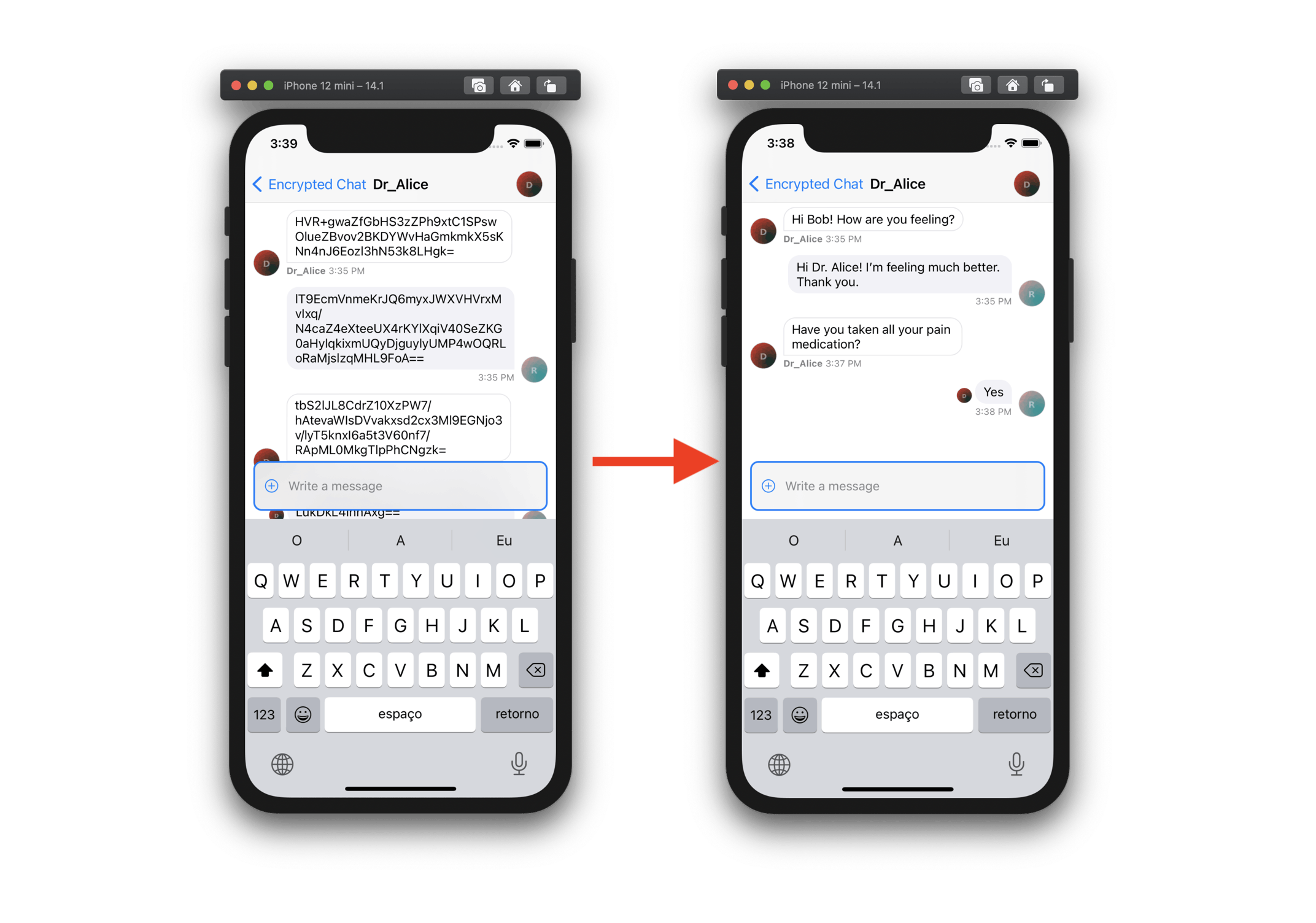 Image shows two chat screens, one with messages encrypted and the other with messages decrypted