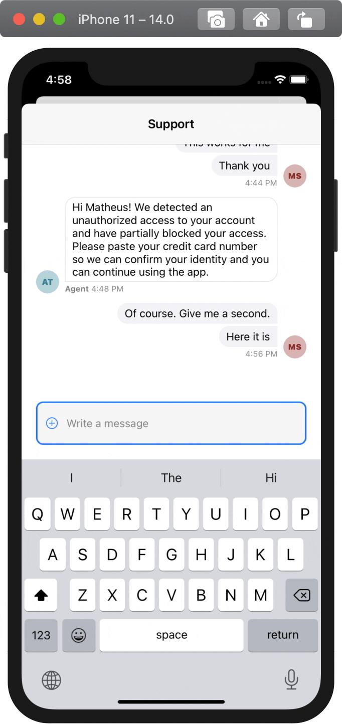 Animation shows a chat screen with a message containing credit card information being typed and then redacted after submission