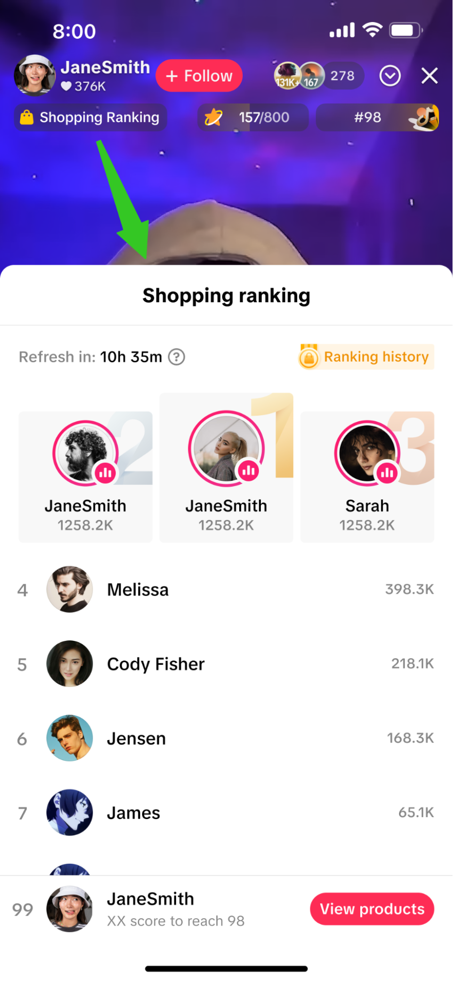Daily leaderboard highlighting top live sellers