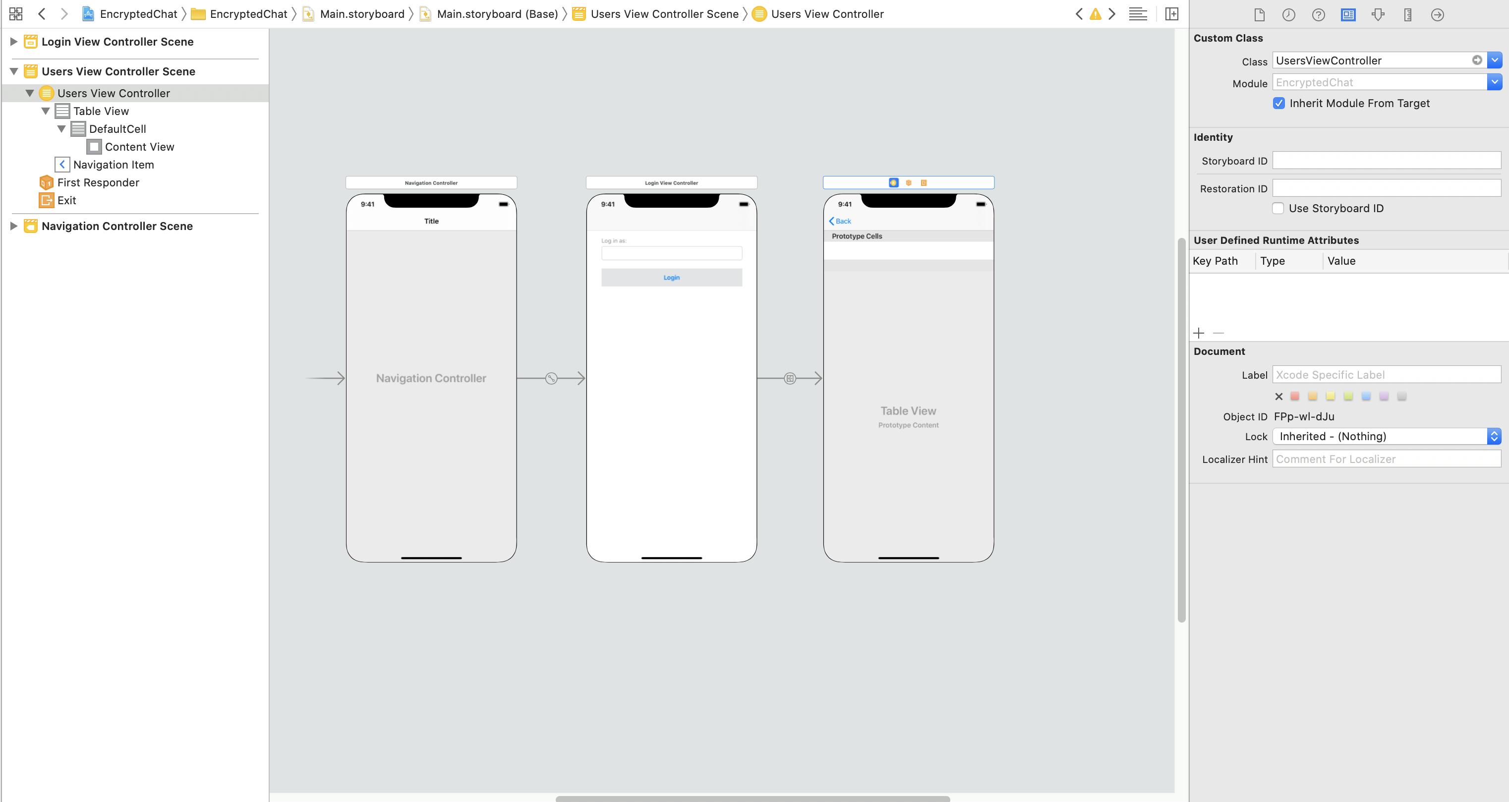 Image shows a storyboard with a navigation controller with a segue to the login form and a segue to the users controller