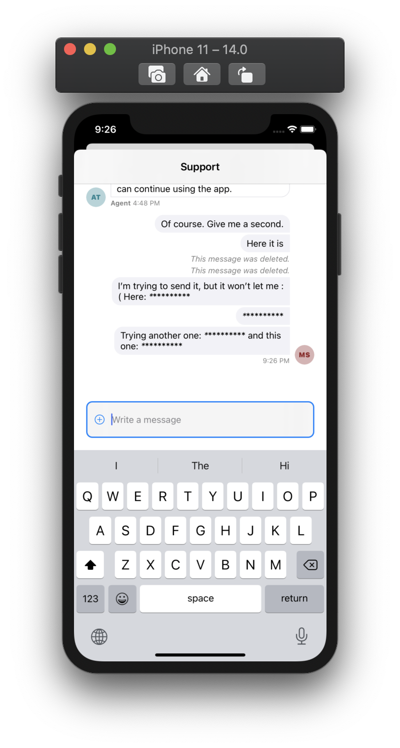 Image shows a chat UI running on iPhone simulator with a chat screen containing redacted messages