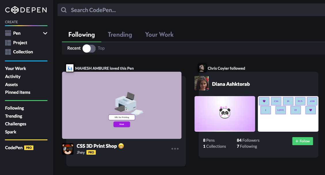 screenshot of the Following feed UI from codepen.io