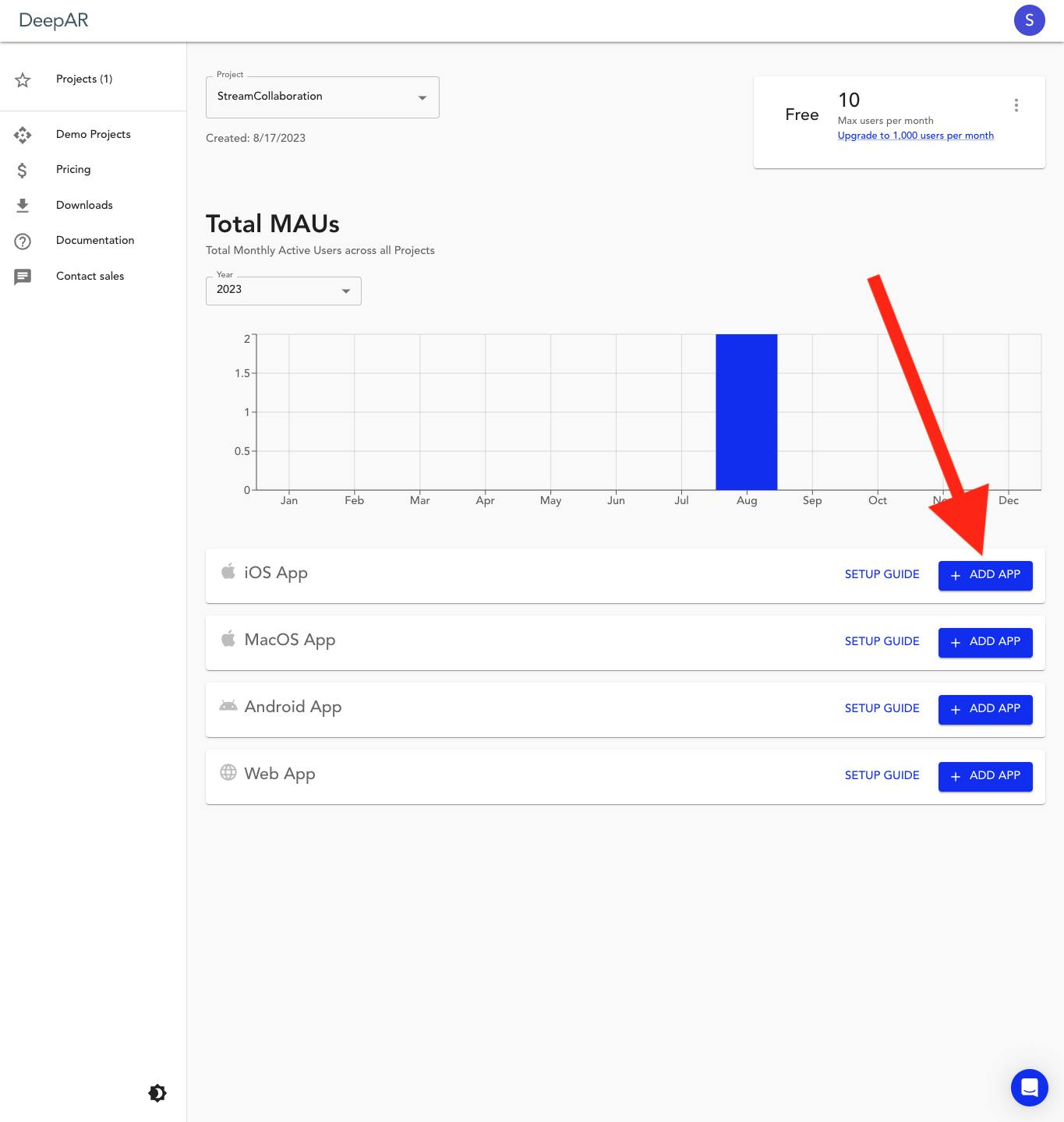 Description where to create the API key for the DeepAR SDK.