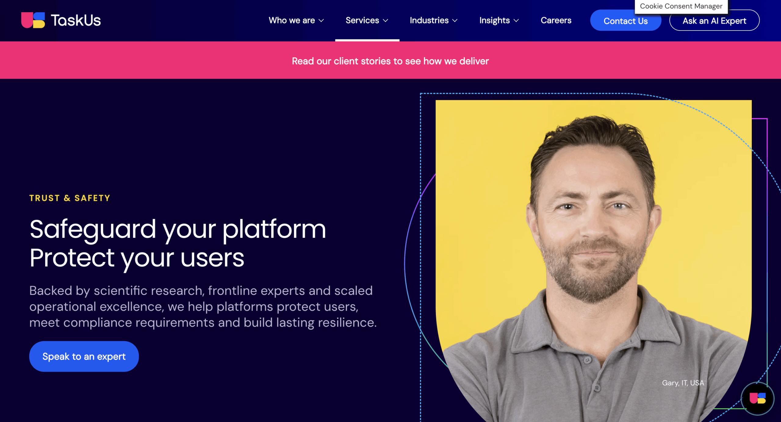 TaskUs moderation landing page