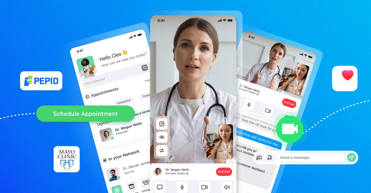 In-app screenshots of telehealth text and video chat.