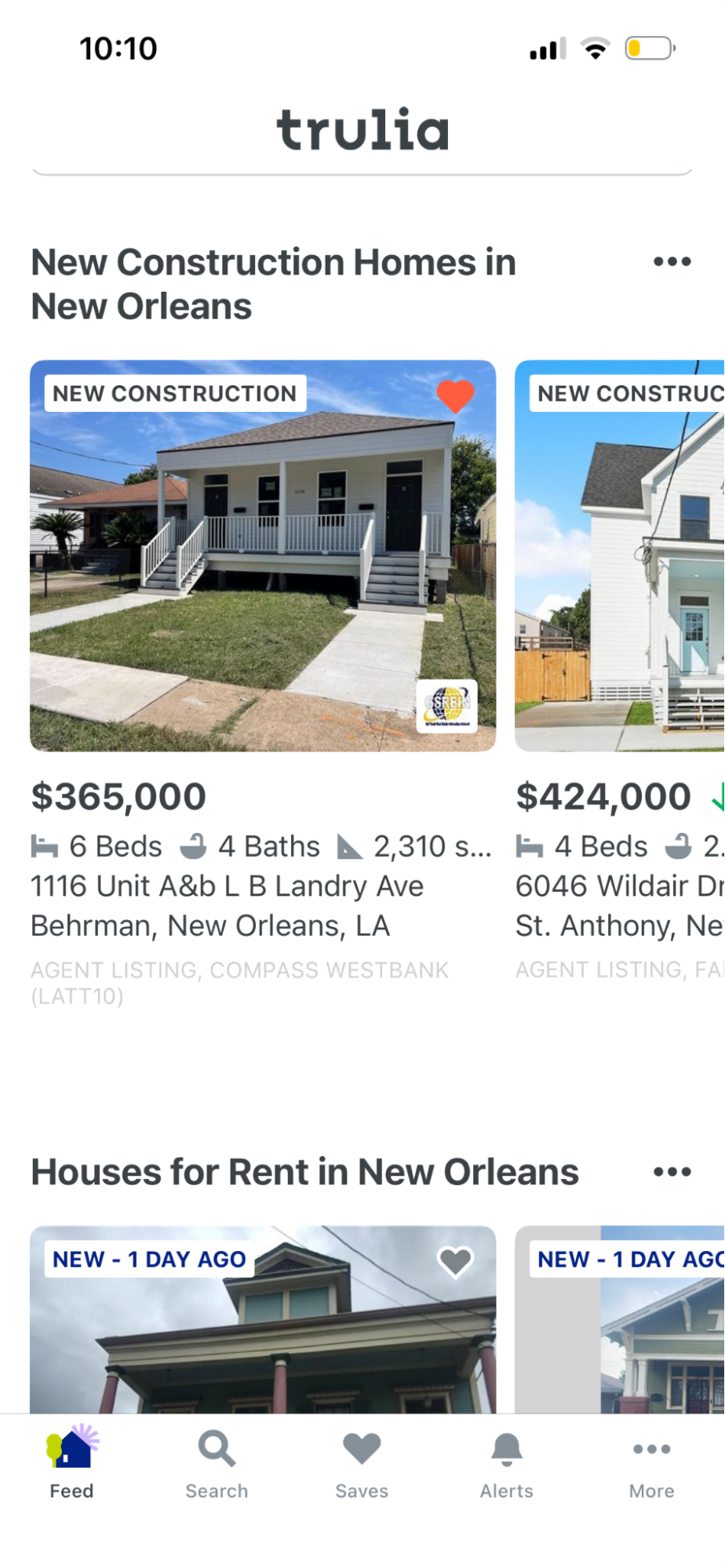 Trulia feed showing new property listings, local rentals, and personalized housing suggestions