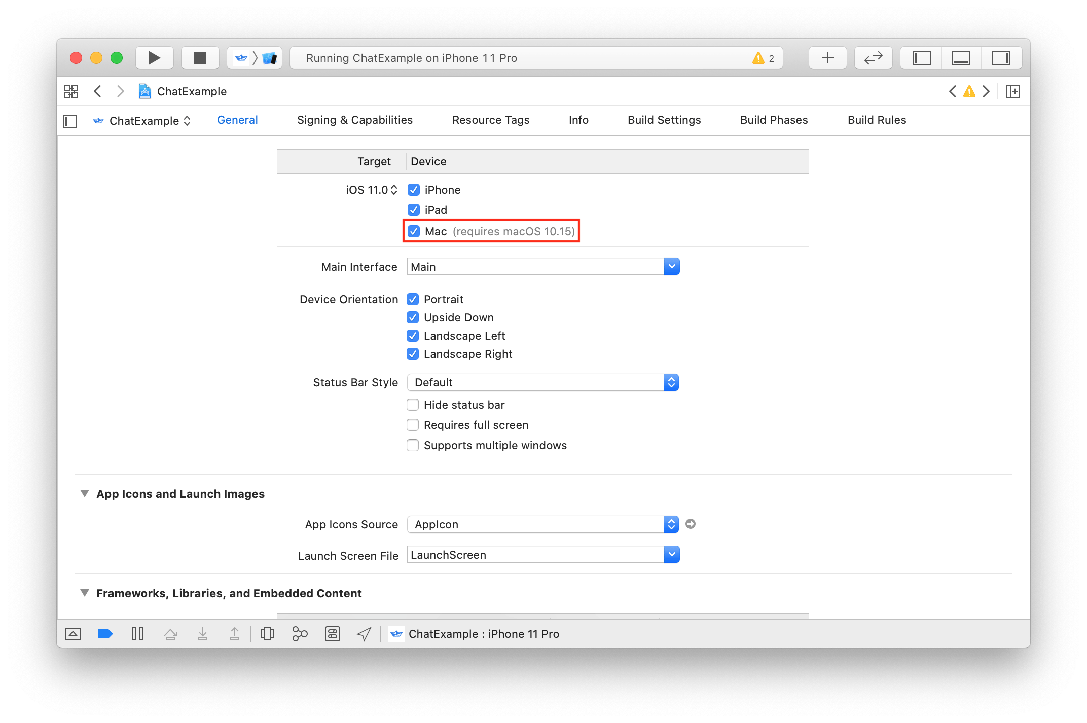 Mac being selected in Xcode