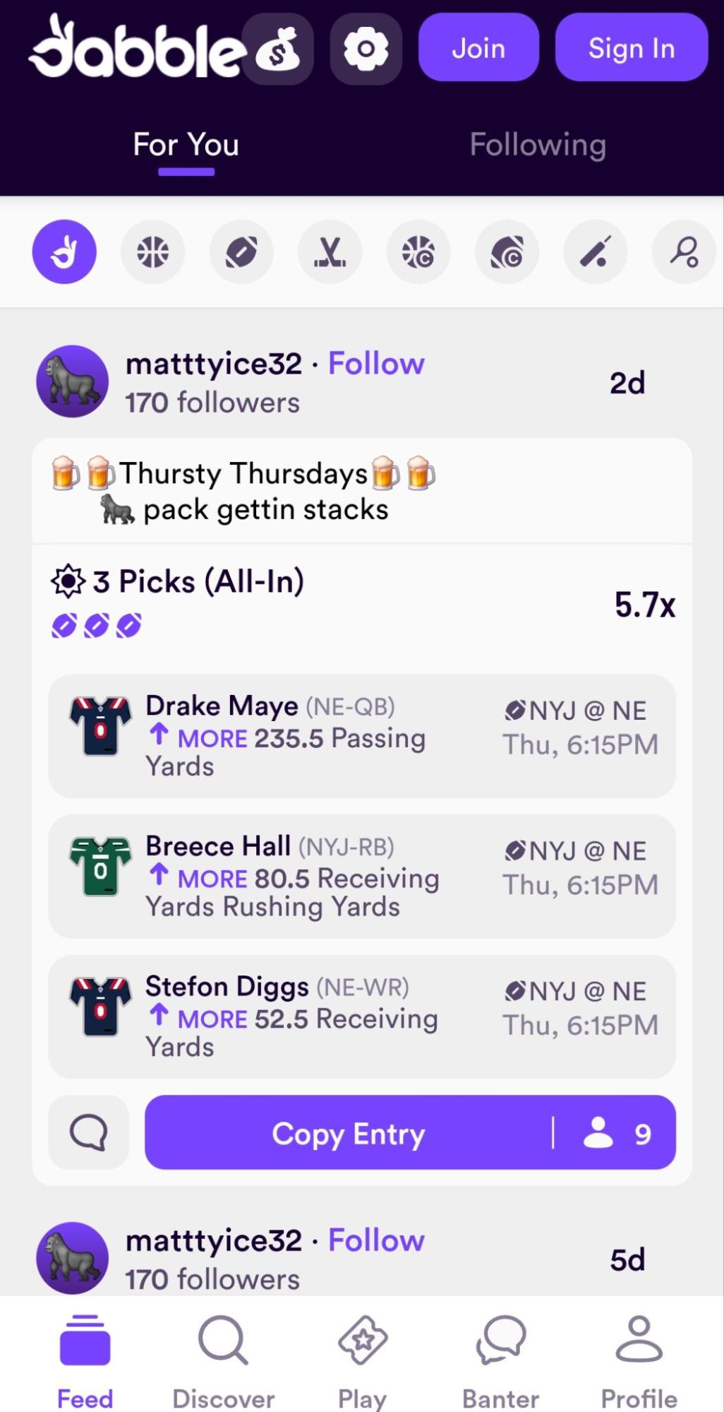 Screenshot of Dabble's For-You feed