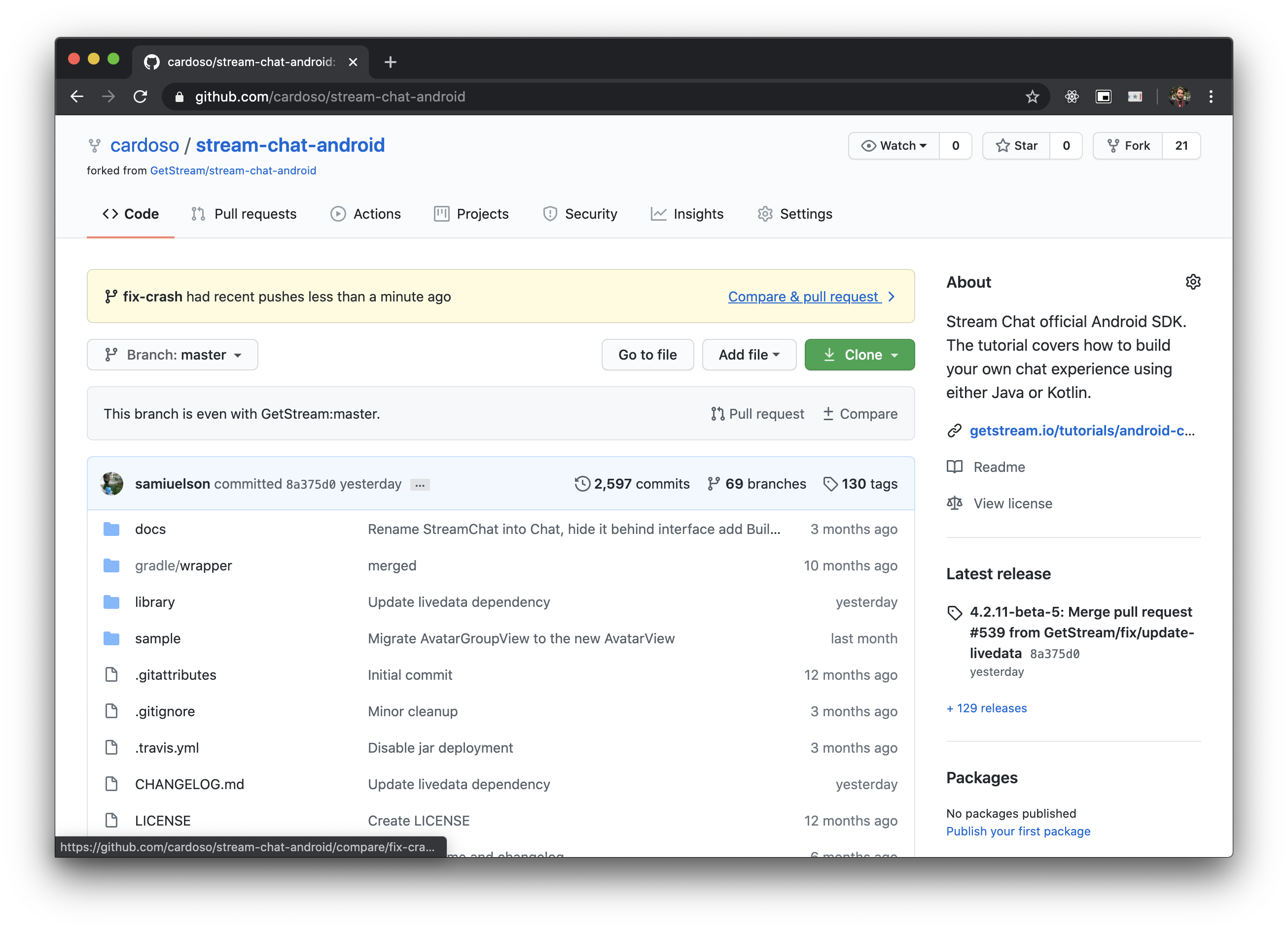 Image shows GitHub repo page with a prompt to open a Pull Request with newly pushed branch