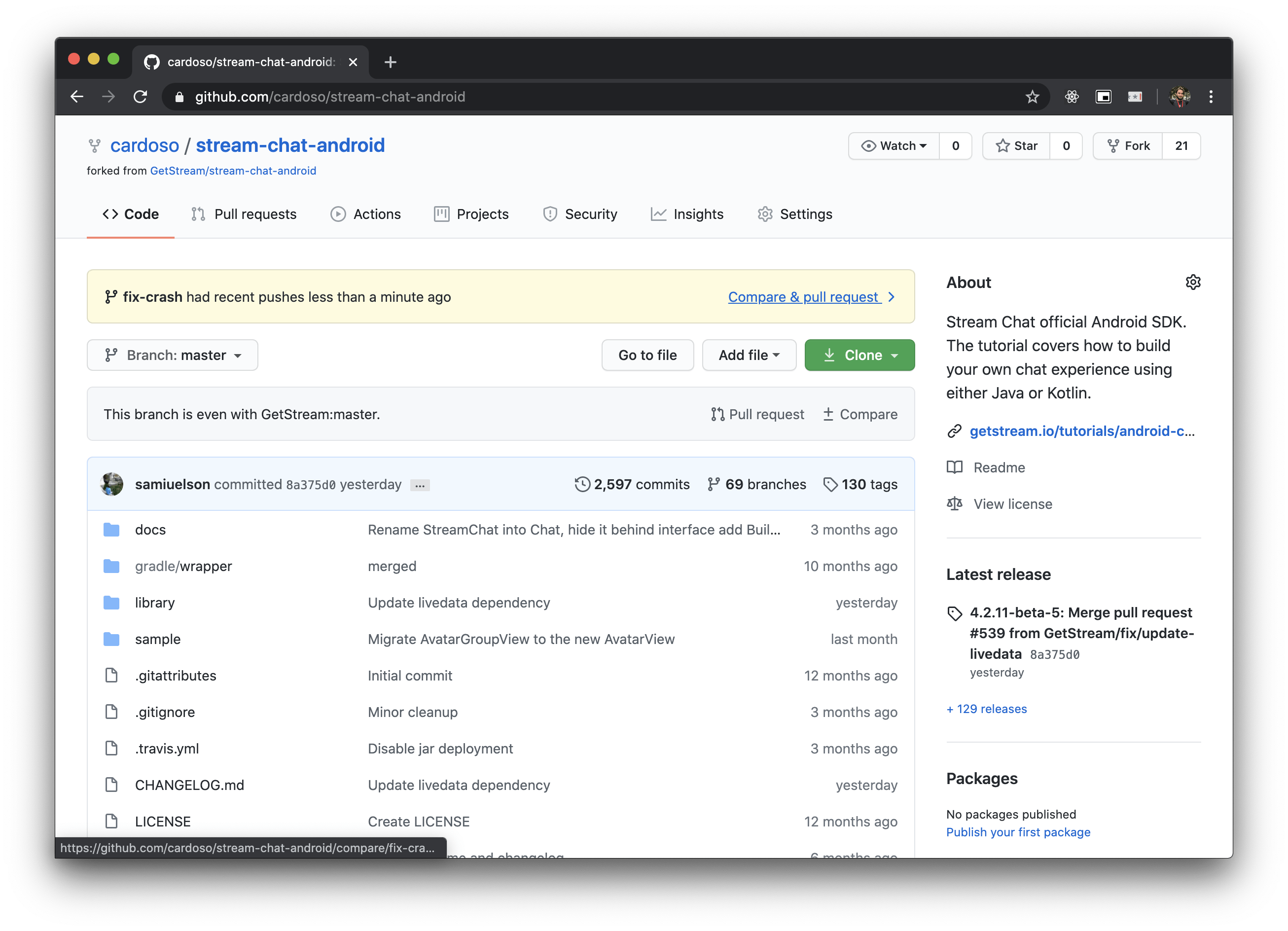 Image shows GitHub repo page with a prompt to open a Pull Request with newly pushed branch