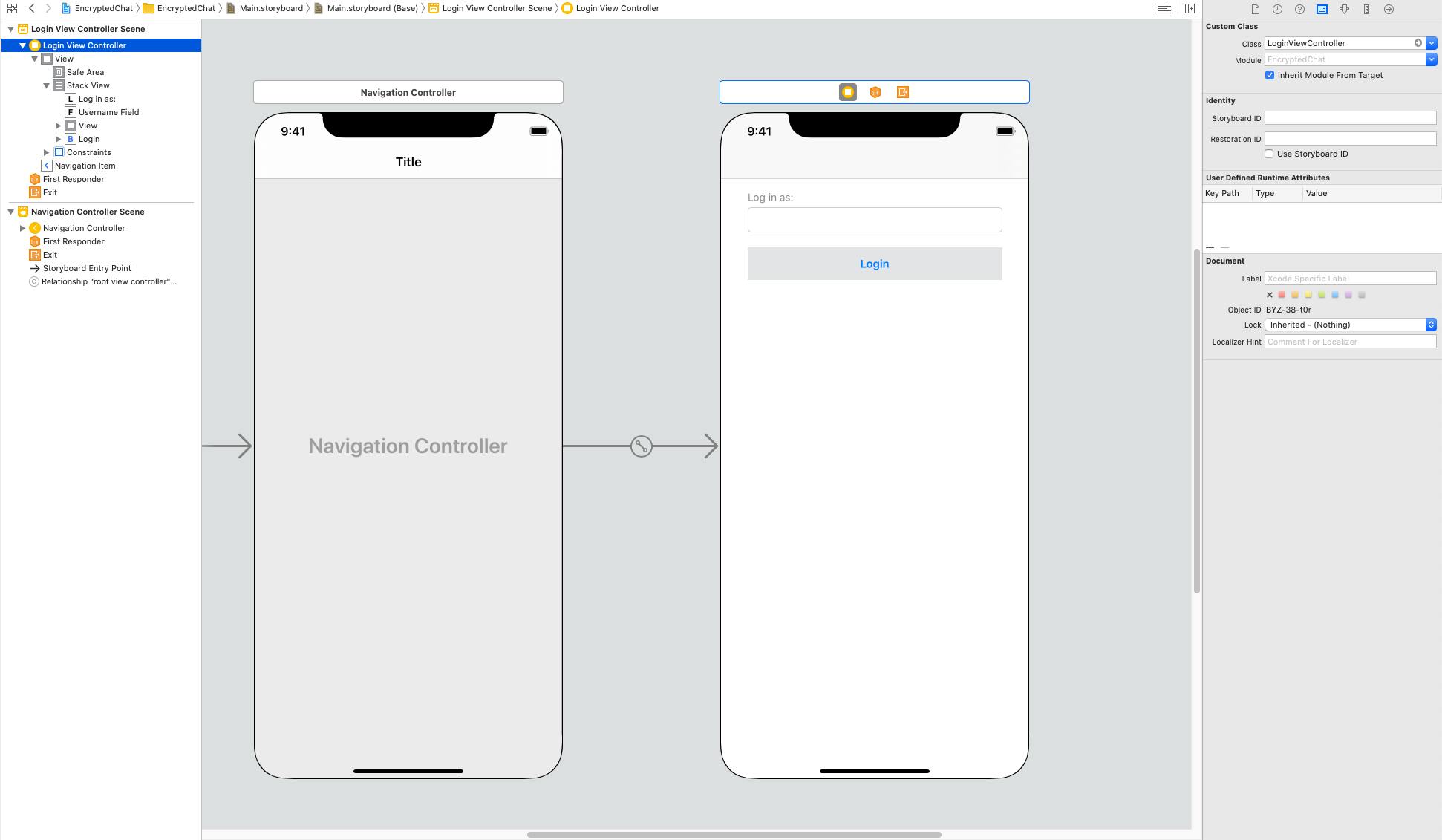 Image shows a storyboard with a navigation controller pointing to a simple form controller