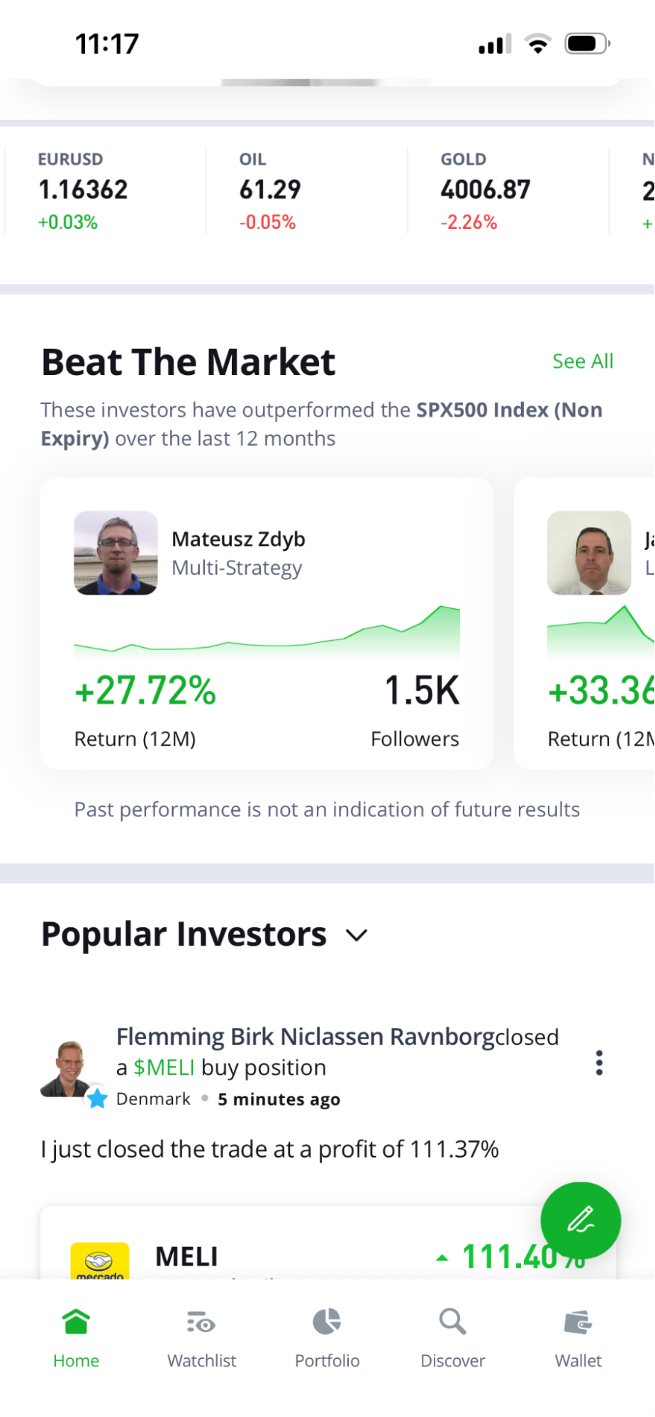 eToro feed featuring investor posts, market movers, and portfolio highlights in a scrollable layout