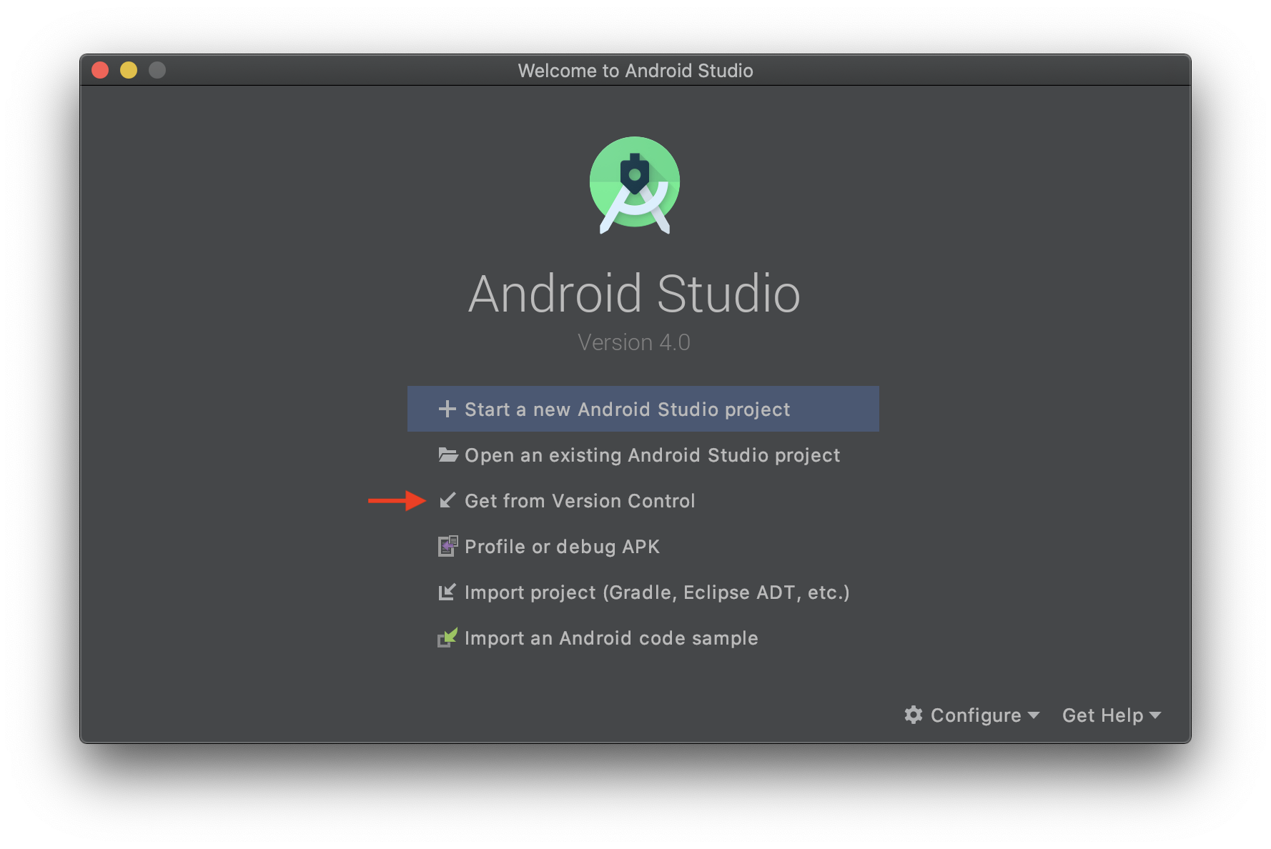 Image shows Android Studio welcome screen with an arrow to the Get from Version Control button