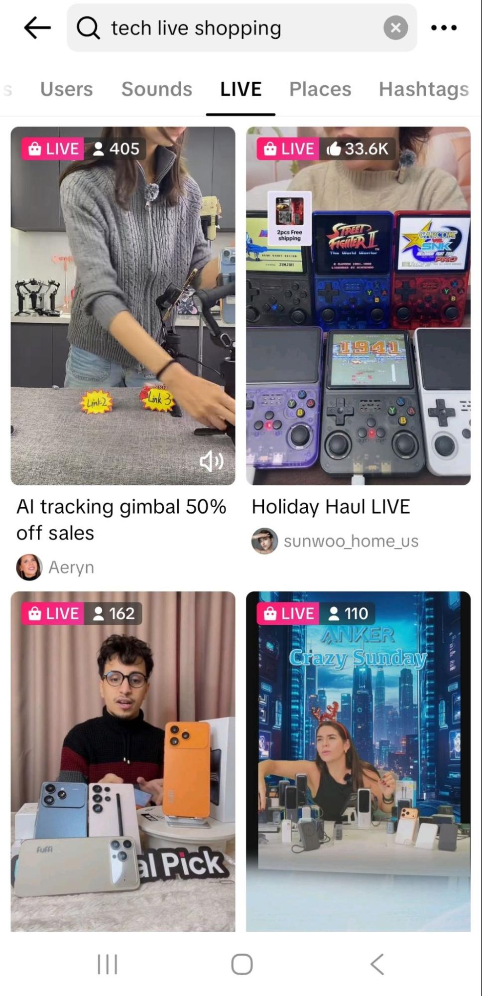 A TikTok search for a live shopping stream