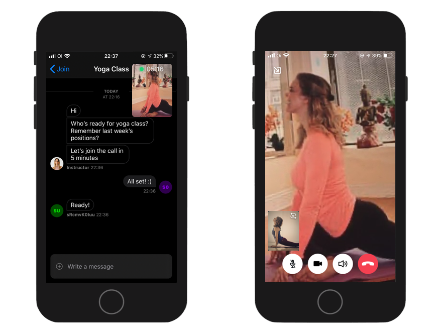 Image shows two screenshots of the live fitness app, one from the chat screen with a small video overlay with the instructor, and another with a fullscreen video of the instructor