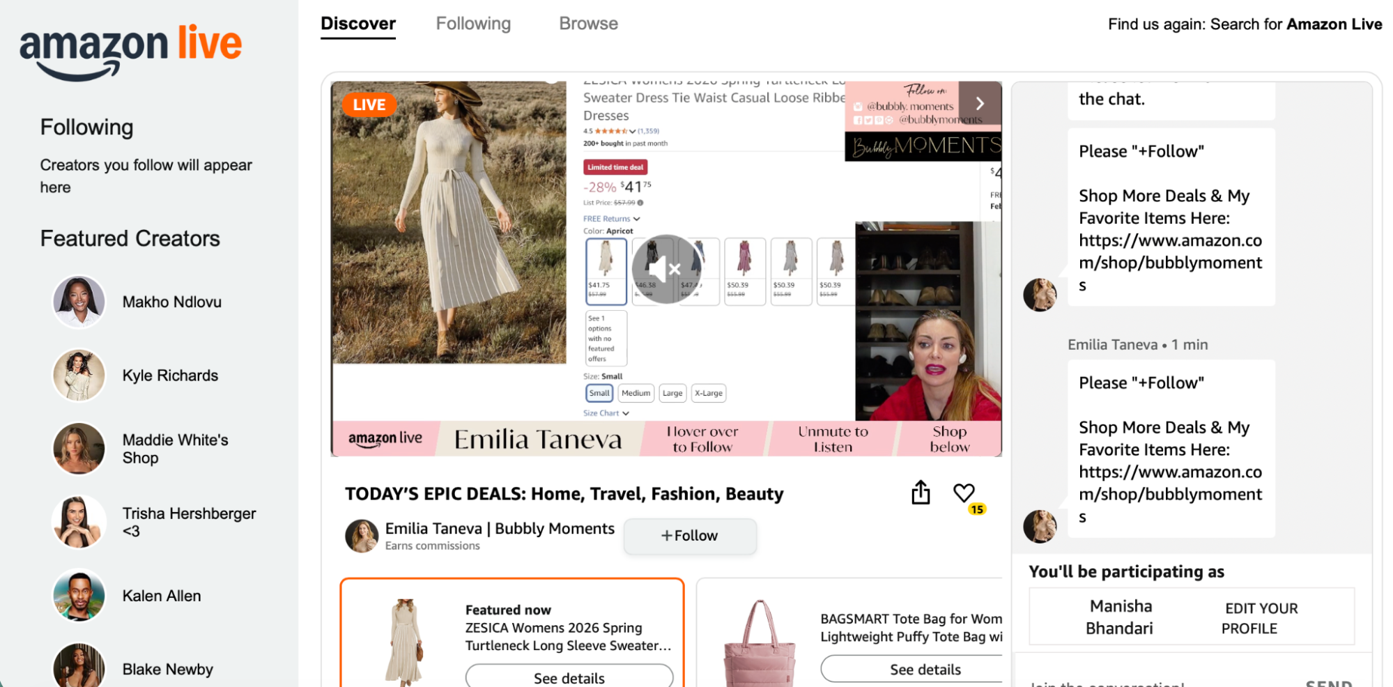 A live shopping stream on Amazon Live showing a host presenting products with on-screen purchase options