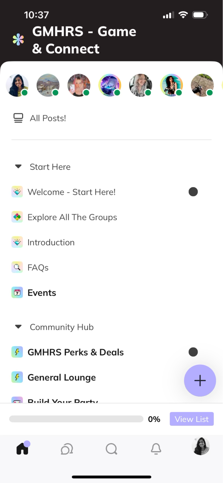 the\*gameHERs GMHRS Screen showing modular community feeds like Events, Lounge, and Perks with profile stories at the top