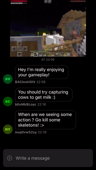 Animation shows an app window with the chat screen on the bottom with a video feed of a Minecraft gameplay on the top