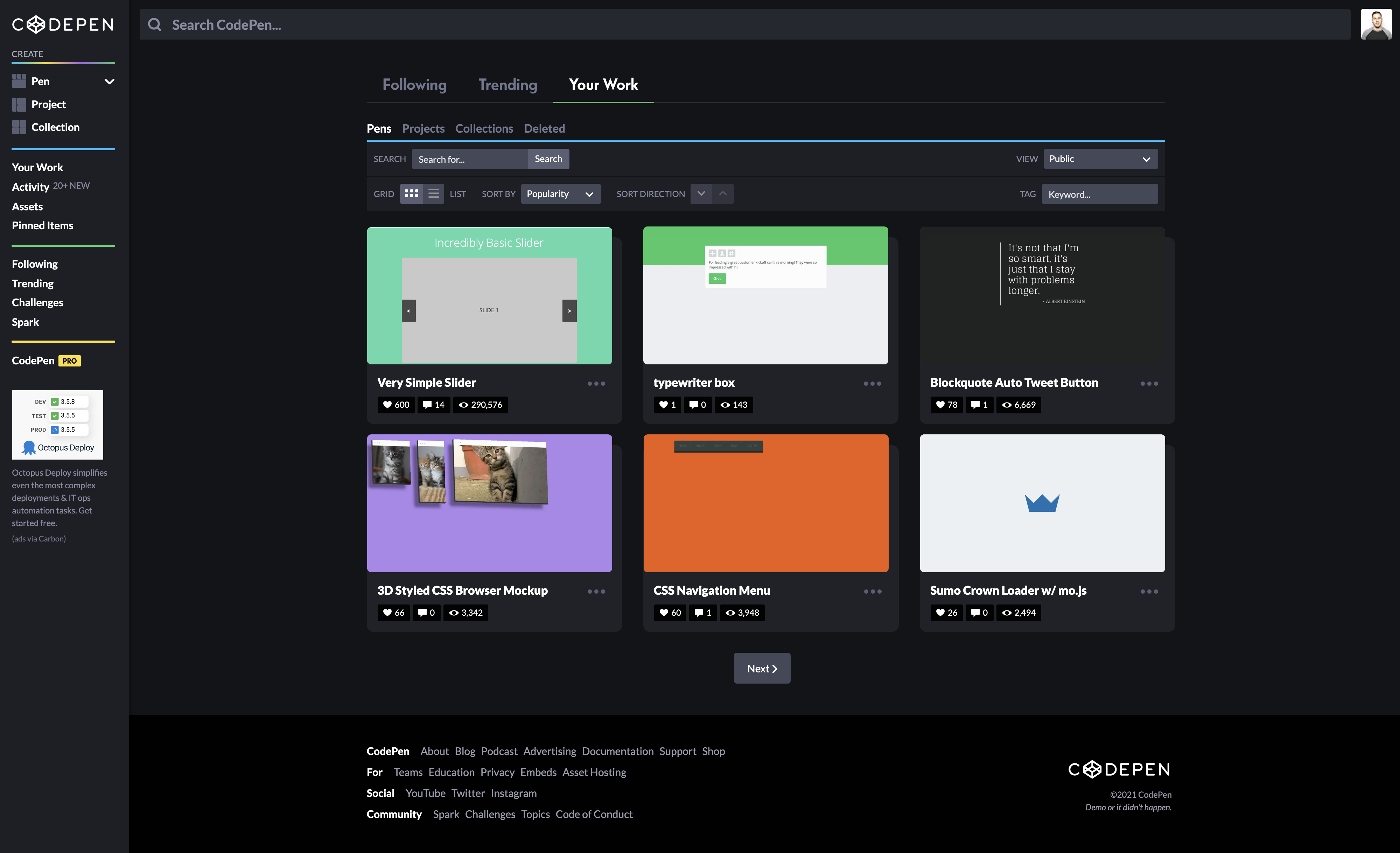 screenshot of recent activity on a codepen.io user's content