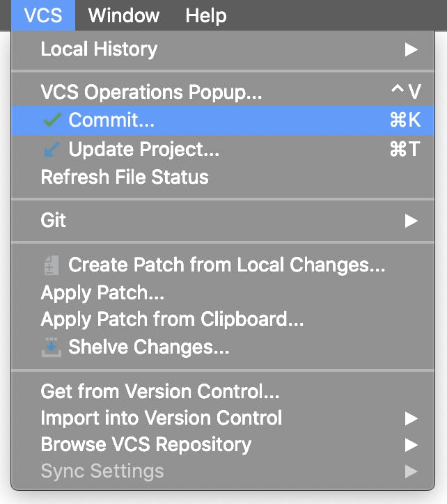 Image shows the menu dropdown with the commit button