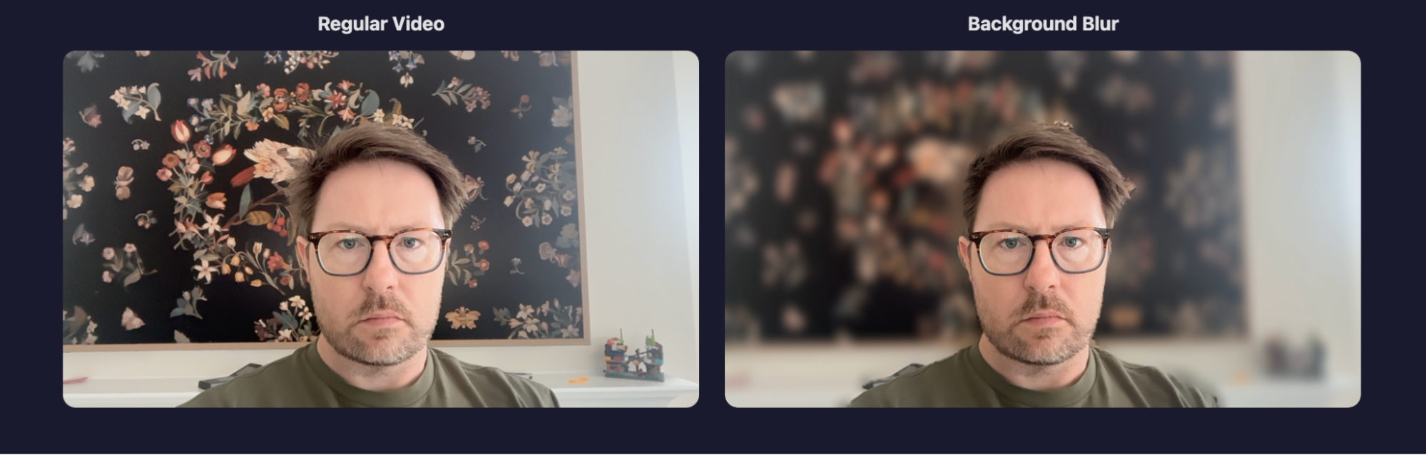 Two frames showing the difference between a regular video and a blurred background