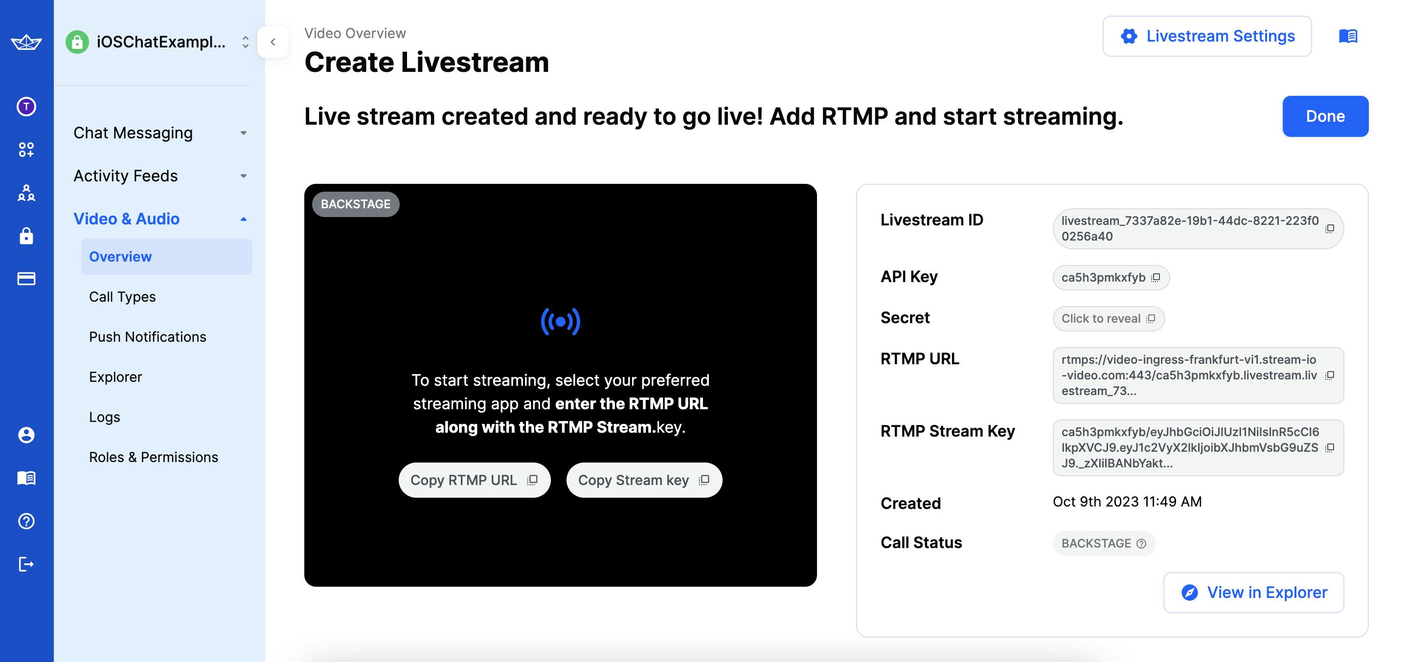 livestreaming dashboard ui for publishing via RTMP and debugging