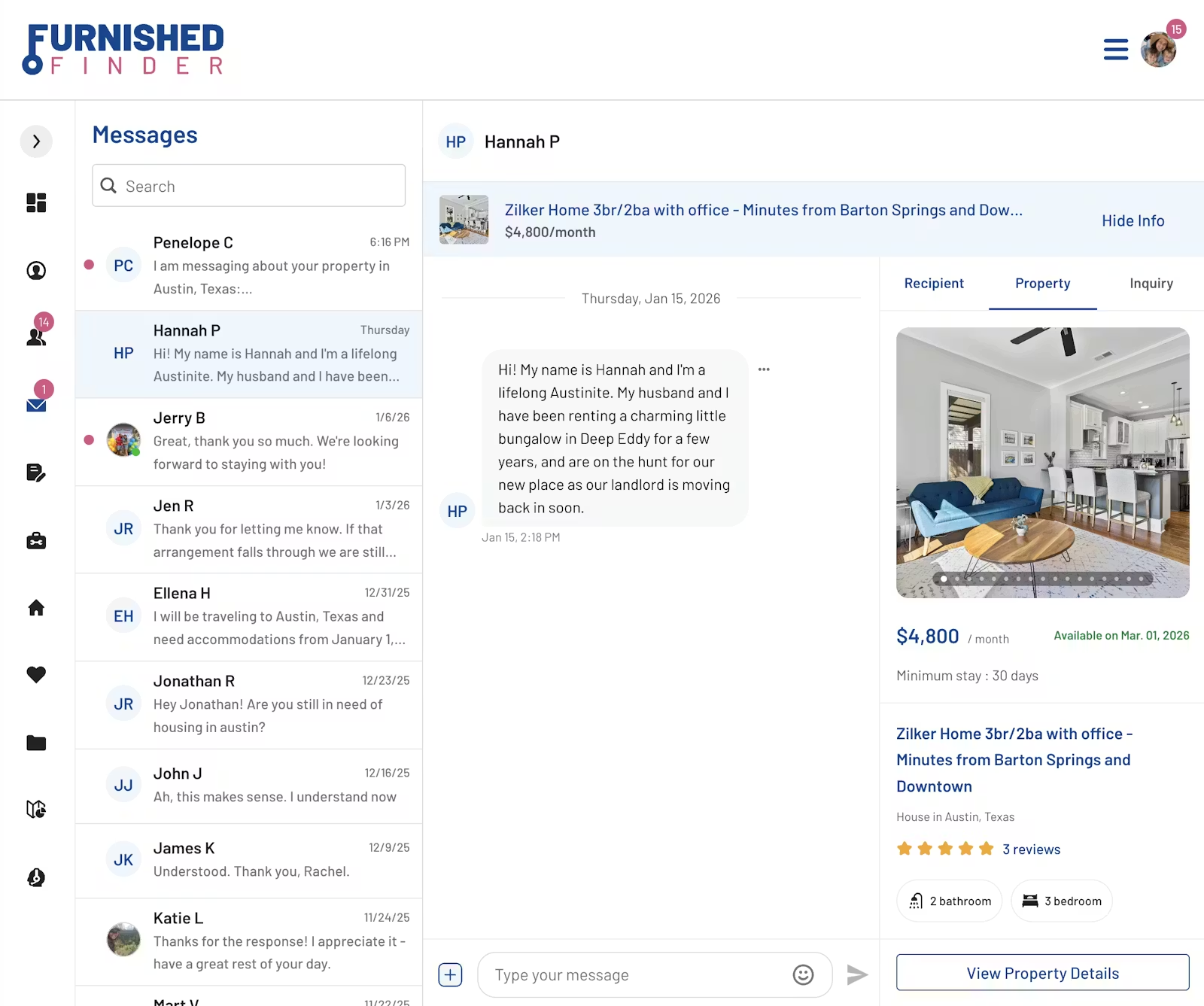 Furnished Finder chat inbox