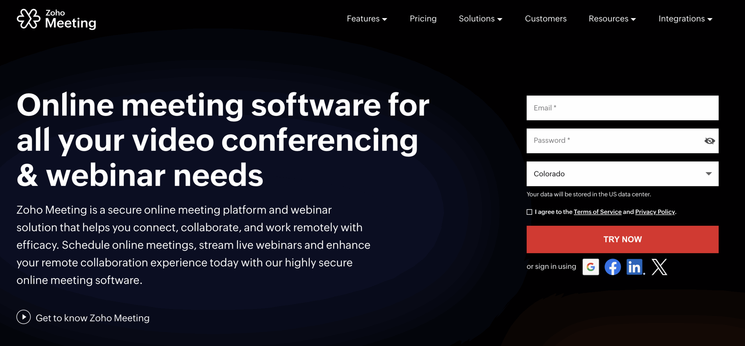Zoho Meeting landing page