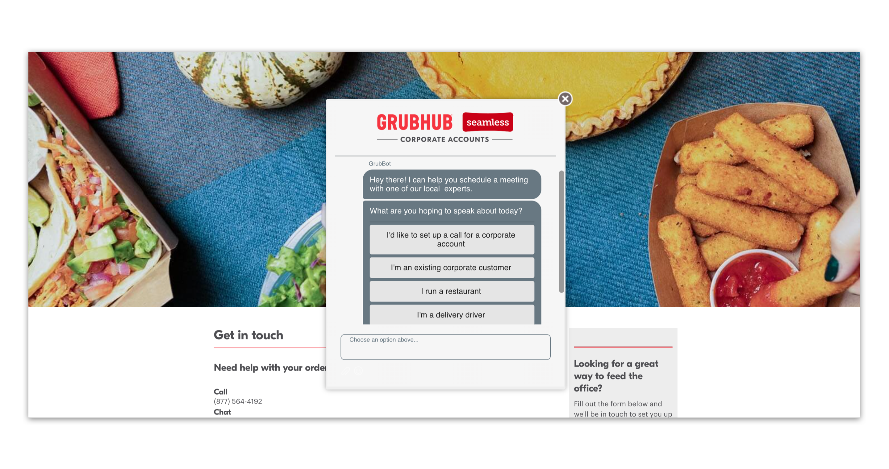 grubhub live chat window powered by drift, displaying automated messages to begin the conversation and route it to the correct department