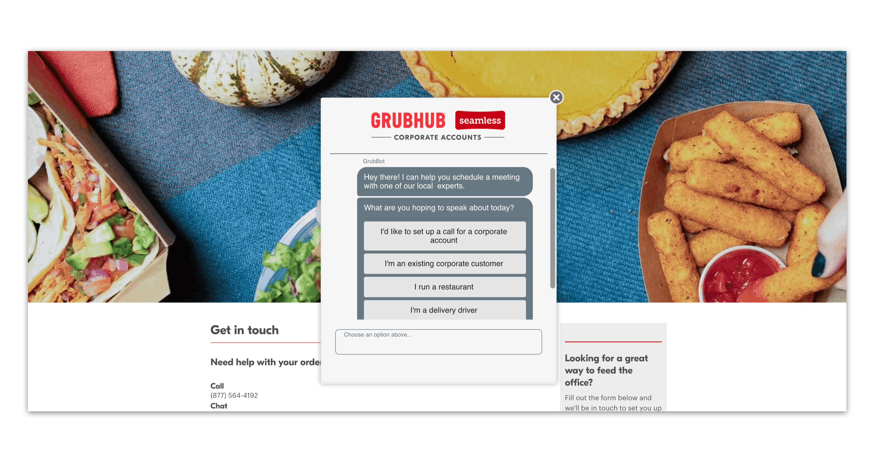 grubhub live chat window powered by drift, displaying automated messages to begin the conversation and route it to the correct department