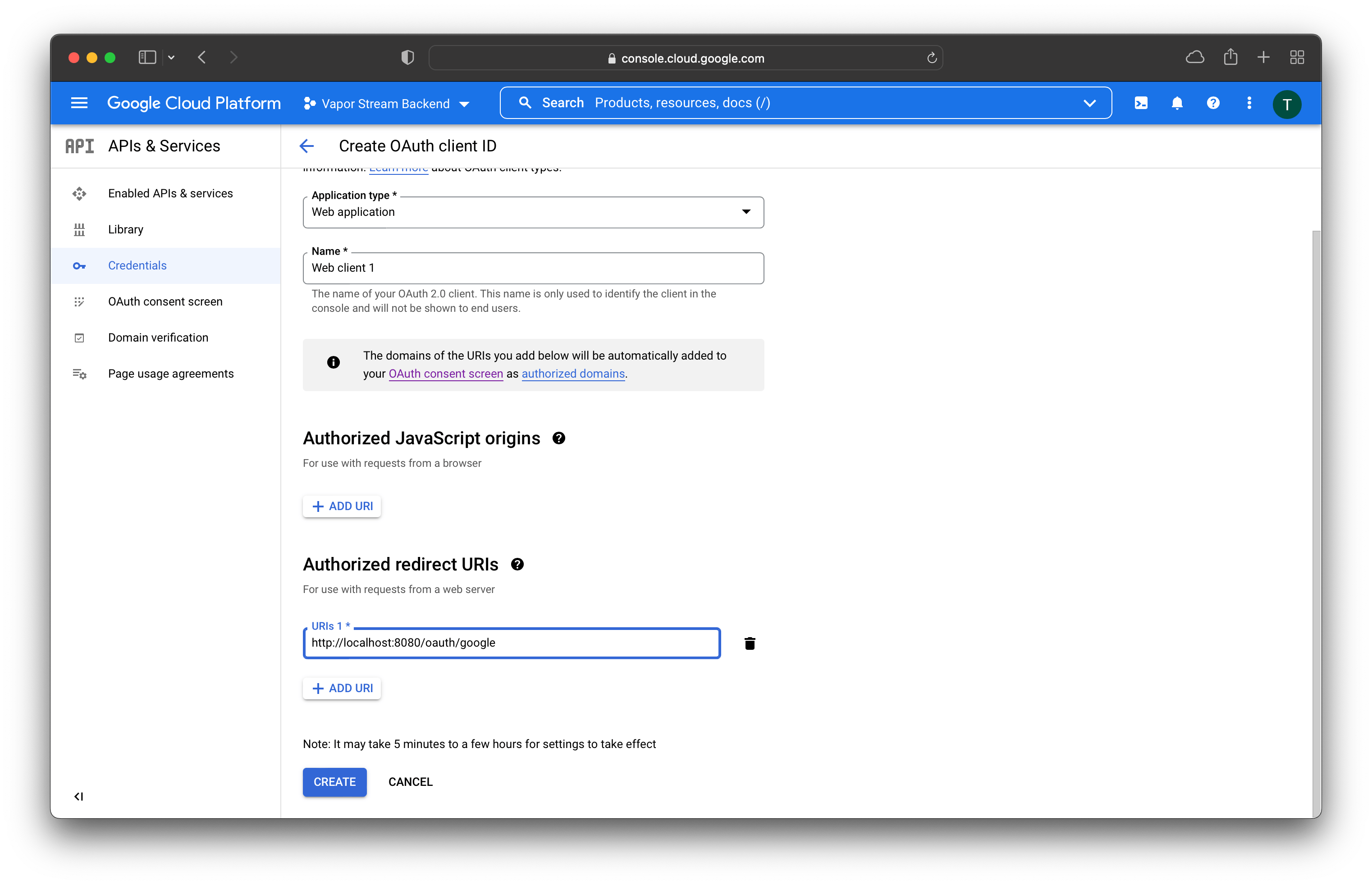 Google select web redirect URLs