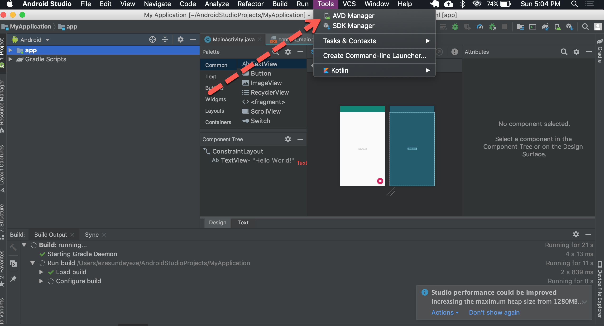 Screenshot of Android Studio with Tools Menu Open