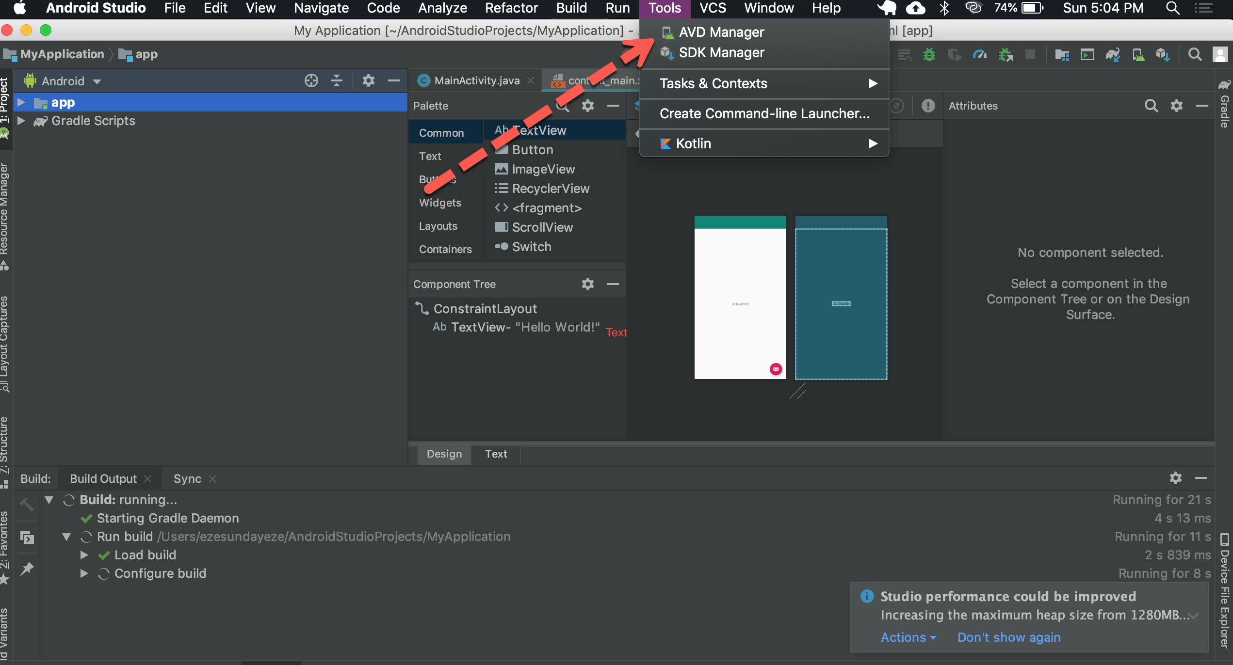 Screenshot of Android Studio with Tools Menu Open
